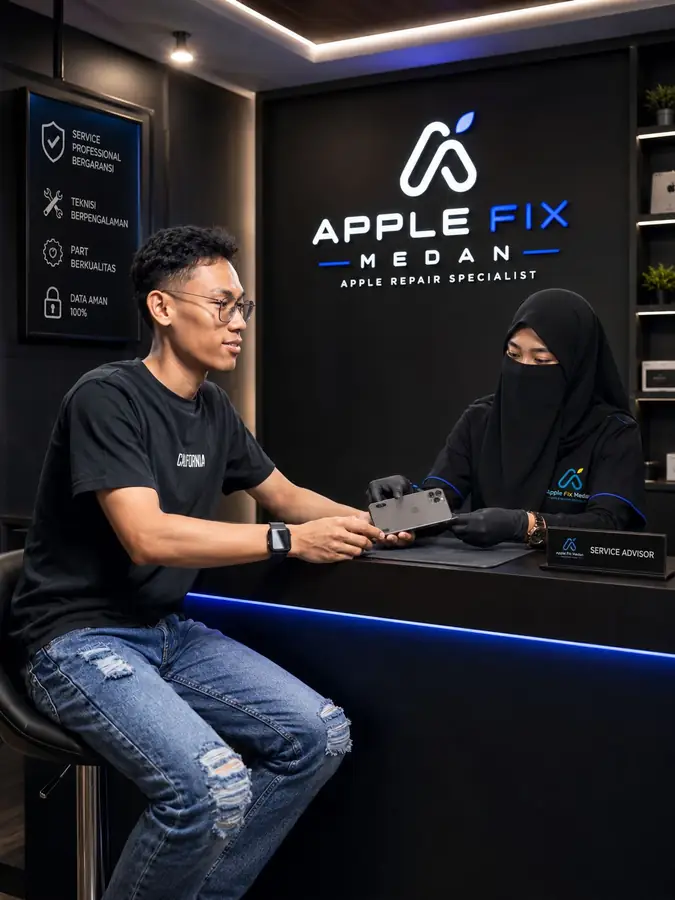 Dua teknisi Apple FiX Medan di meja depan